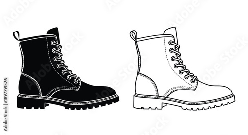 Two contrasting views of a classic lace up combat boot illustration