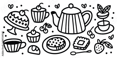 Hand-Drawn Assortment of Delicious Desserts, Sweet Treats, and Tea Time Delights – Doodle Vector Illustration.