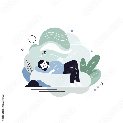 Person sleeping peacefully on a comfortable surface surrounded by abstract shapes.