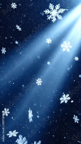 Celestial Winter Glow Radiant Light Pierces Through a Dark Blue Sky, Illuminating a Dance of Delicate Snowflakes, Creating a Mystical and Serene Festive Landscape