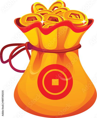 Yellow Asian fortune pouch and purse, Chinese lucky money bag, happy wallet with golden coins. Vibrant vector sack representing good fortune and blessing. Cartoon silk purse for Asian holidays