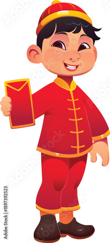 Chinese lunar New Year kid or Asian holiday character with red gift envelope, cartoon vector. Boy kid in traditional Asian folk costume with hongbao envelope for CNY festival celebration in Chinatown
