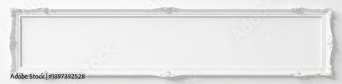 Empty ornate white wooden frame against a white wall Elegant, simple style , style, wall art, interior
