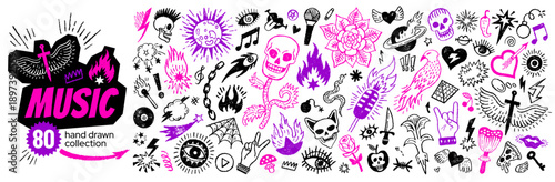 Doodle punk rock tattoo for emo girl. Music graffiti sticker with fire heart skull star rose. Grunge emo grafitti set. Fun y2k hand drawn scribble icon. Gothic background. Punk rock music emo graffiti