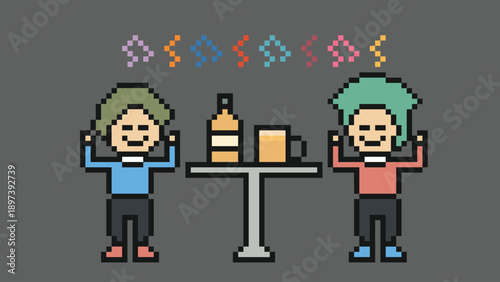 Friends party celebration bar pub drinking beer alcohol or juice drink together with community,hang out,event ,happy,friendship,8bit.