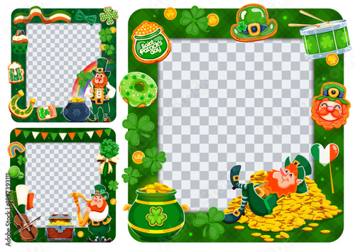 Happy Saint Patrick's Day photo frames for Irish holiday greeting, vector template. St Patrick photo frames with cartoon leprechaun character on gold with rainbow, Ireland flag and shamrock clover