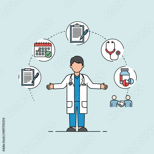 Doctor surrounded by medical icons representing healthcare services.