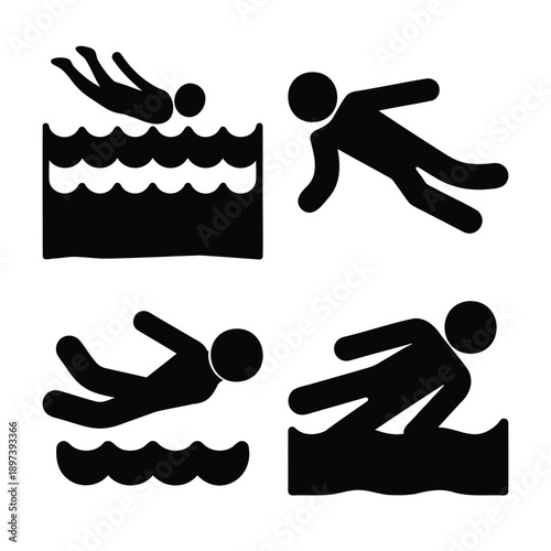 Swimming and diving icons set: a collection of human figures engaging in water activities
