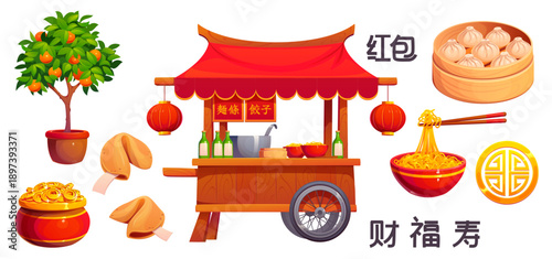 Chinese lunar New Year holiday icons of wealth and luck symbols, vector game assets. Chinese fortune cookies, mandarin tree and pot of golden coins money with Asian noodles in Chinatown market cart