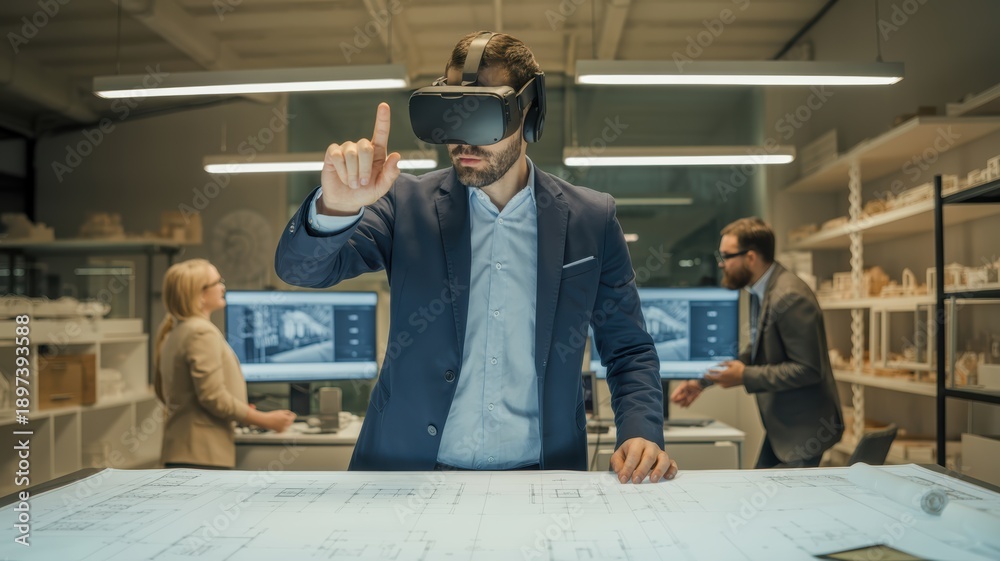 Fototapeta premium Architect using virtual reality headset in modern design studio for interactive building visualization and immersive 3D project planning
