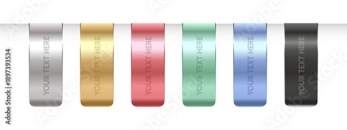 Metallic ribbon label or push button set in different color. Vertical tags with gradient for branding, packaging. Decorative design element