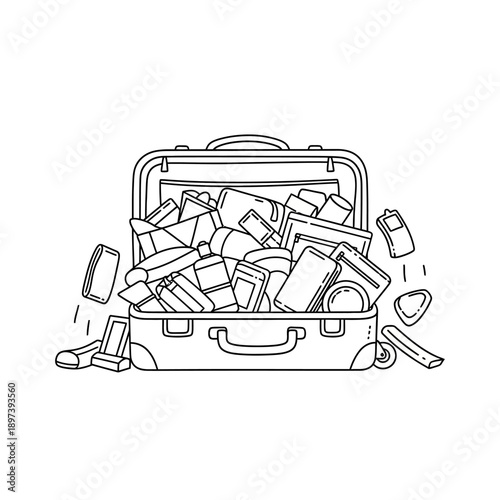 Overstuffed Suitcase Packed With Various Items For Travel.