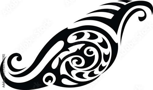 Black maori tattoo tribal pattern. Polynesian culture arm ornament with fishhook, swirl, border, wave element. Abstract new zealand, filipino and hawaiian indigenous motif artwork stencil
