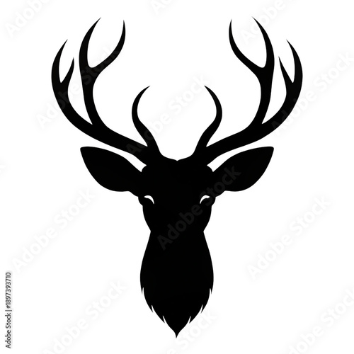 Deer head silhouette with large antlers, simple black graphic on transparent background