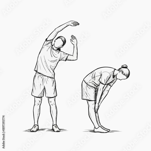 A black and white illustration of a man and woman stretching their bodies