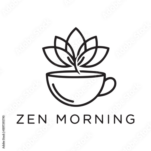 Minimalist zen morning coffee cup with lotus flower logo, representing calm, mindfulness, and relaxation.