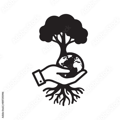 Earth support icon: a hand holding the globe with a tree growing from it, symbolizing environmental protection and care.