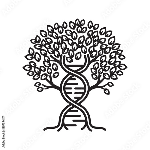 Tree of life incorporating a DNA helix, symbolizing genetics, evolution, science, and growth.