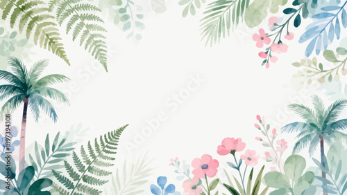 Tropical plants and flowers in watercolor