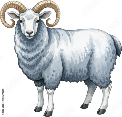 Detailed illustration of a white ram with large horns on transparent background