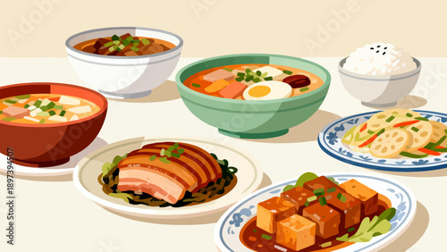 Illustration of various dishes on table