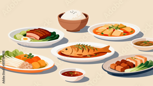 Illustration of various dishes on a table