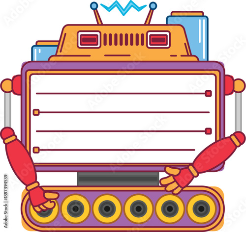 Cartoon robot and droid kids memo note frame character with mechanical arms and control panel. Cute vector friendly machine message board with blank writing area Technology robotic bot sticker