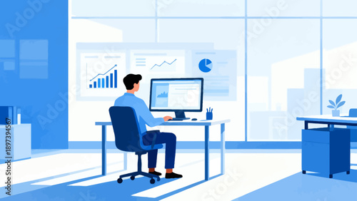 Office worker analyzing data on computer