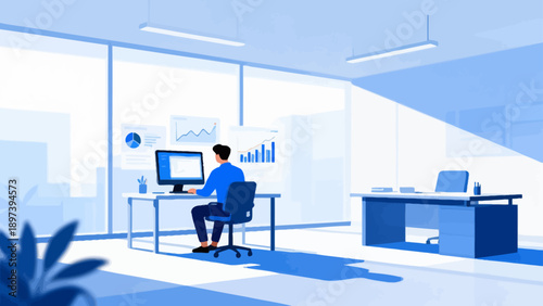 Office worker at computer in modern workspace