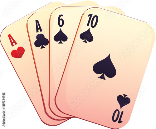 Cartoon casino gambling game icon with casino poker cards showing ace of hearts and clubs, six of spades, and ten of spades, isolated on white. Vector four playing cards arranged in a fan shape