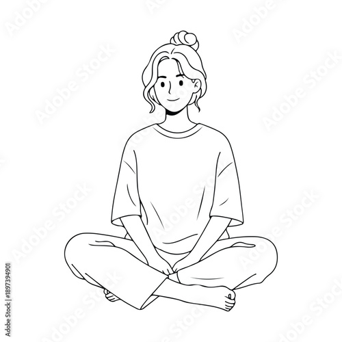 Minimalist line art illustration of a young woman with a messy bun sitting cross legged in comfortable loungewear