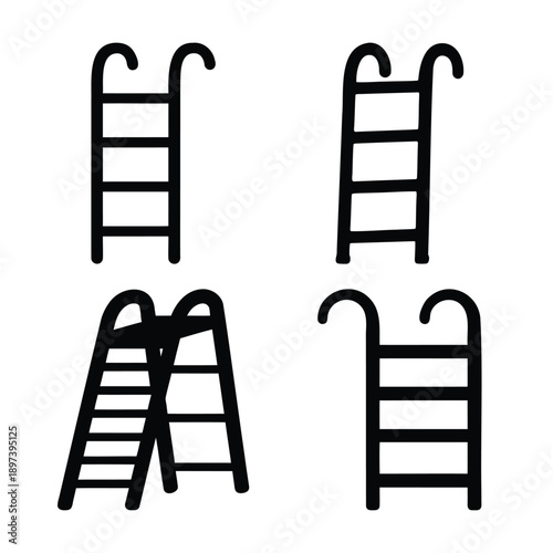 A collection of simple black and white ladder icons, featuring pool ladders and a stepladder