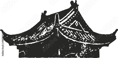 Traditional asian temple roof silhouette with curved eaves and ornamental details