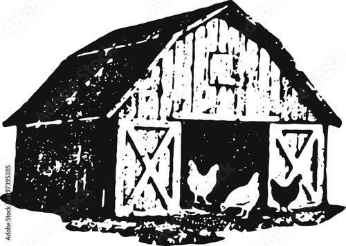 Rustic barn with chickens standing outside the open doors farm building exterior and poultry scene