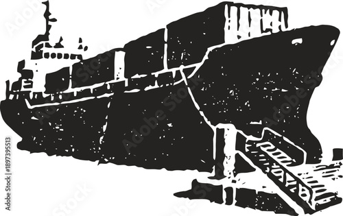 Container ship unloading cargo with ramp and containers stacked on deck at dock