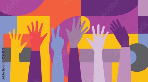 Diverse Hands Raised in Celebration Against a Colorful Geometric Background raised hands diversity