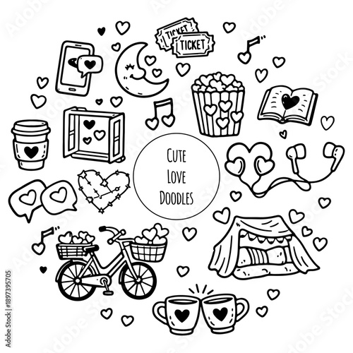 Hand draw doodle valentines day illustration. Love decorative elements with hearts