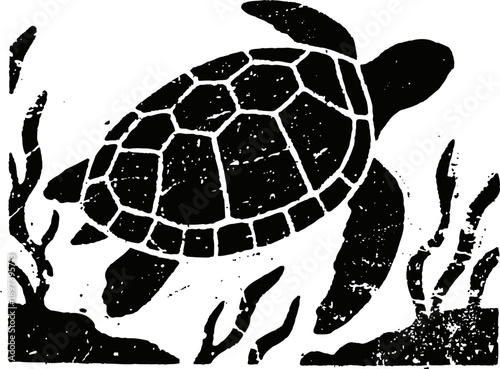 black and white turtle silhouette underwater with seaweed and ocean floor design