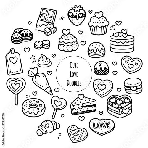 Hand draw doodle valentines day illustration. Love decorative elements with hearts