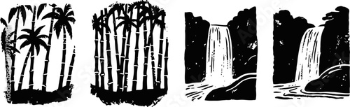 bamboo and palm trees silhouettes paired with waterfall nature landscape in black and white