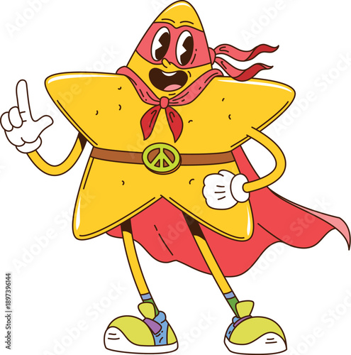 Cartoon retro groovy star superhero vector character with red cape, mask, peace sign belt, expressive face and vintage sneakers, standing in a confident super hero pose with defender retro y2k vibe
