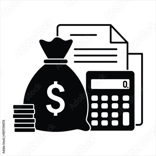 Money bag documents and calculator representing finance and accounting concepts