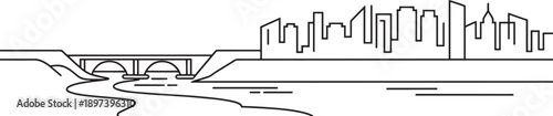 Minimalist cityscape outline with bridge over river and urban skyline in linear art style