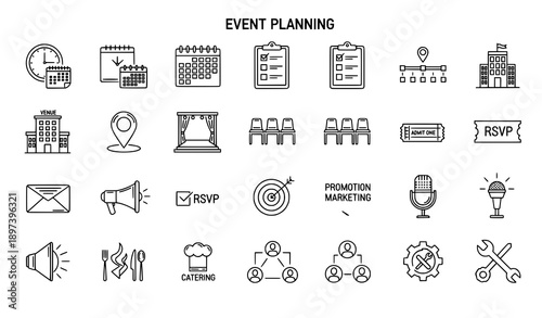 Event Planning Line Icon Set for Scheduling and Venue Management