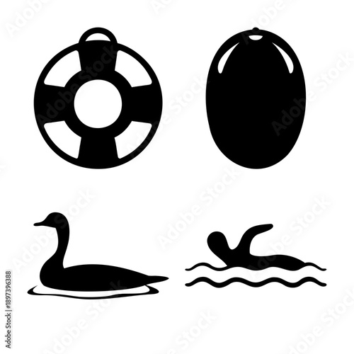 Diverse set of monochrome icons representing water safety, swimming, and an aquatic bird