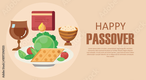 Happy passover celebration with traditional seder plate elements and festive greetings