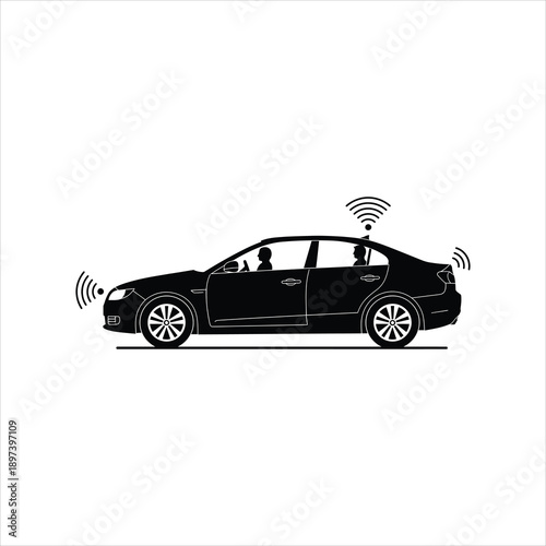Black silhouette of a car with communication waves emanating from it