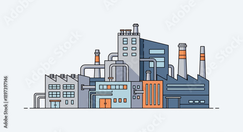 Industrial factory building illustration with pipes and chimneys representing manufacturing and production industry