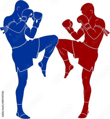 muaythai fight, silhouette, flat design, isolated on white.