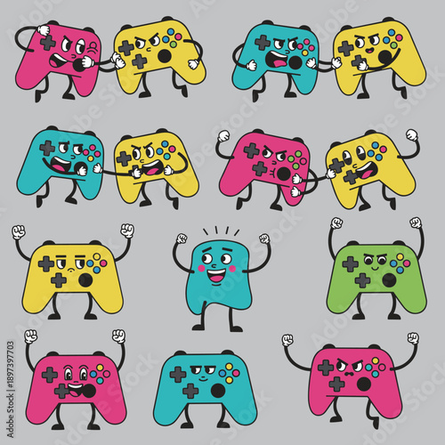 Collection of Cute Game Controller Characters with Different Emotions and Expressions Isolated on Gray Background for Gaming and Tech Design Projects